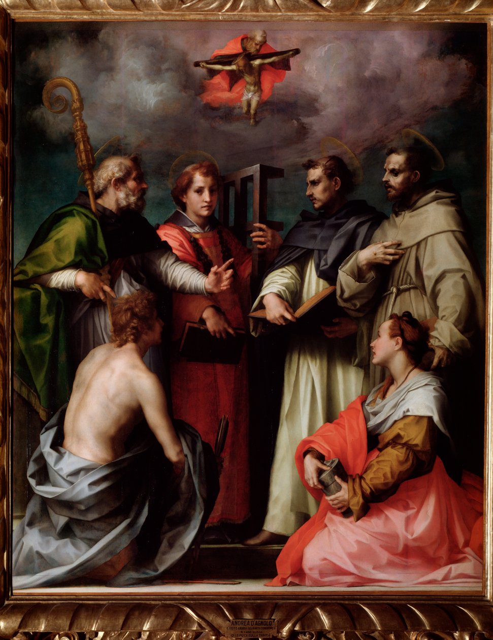 De disputatie van de Heilige Drie-eenheid, met St. Petrus, St. Laurentius, St. Augustinus van Hippo, St. Franciscus, St. Sebastiaan, St. Maria Magdalena door Andrea del Sarto