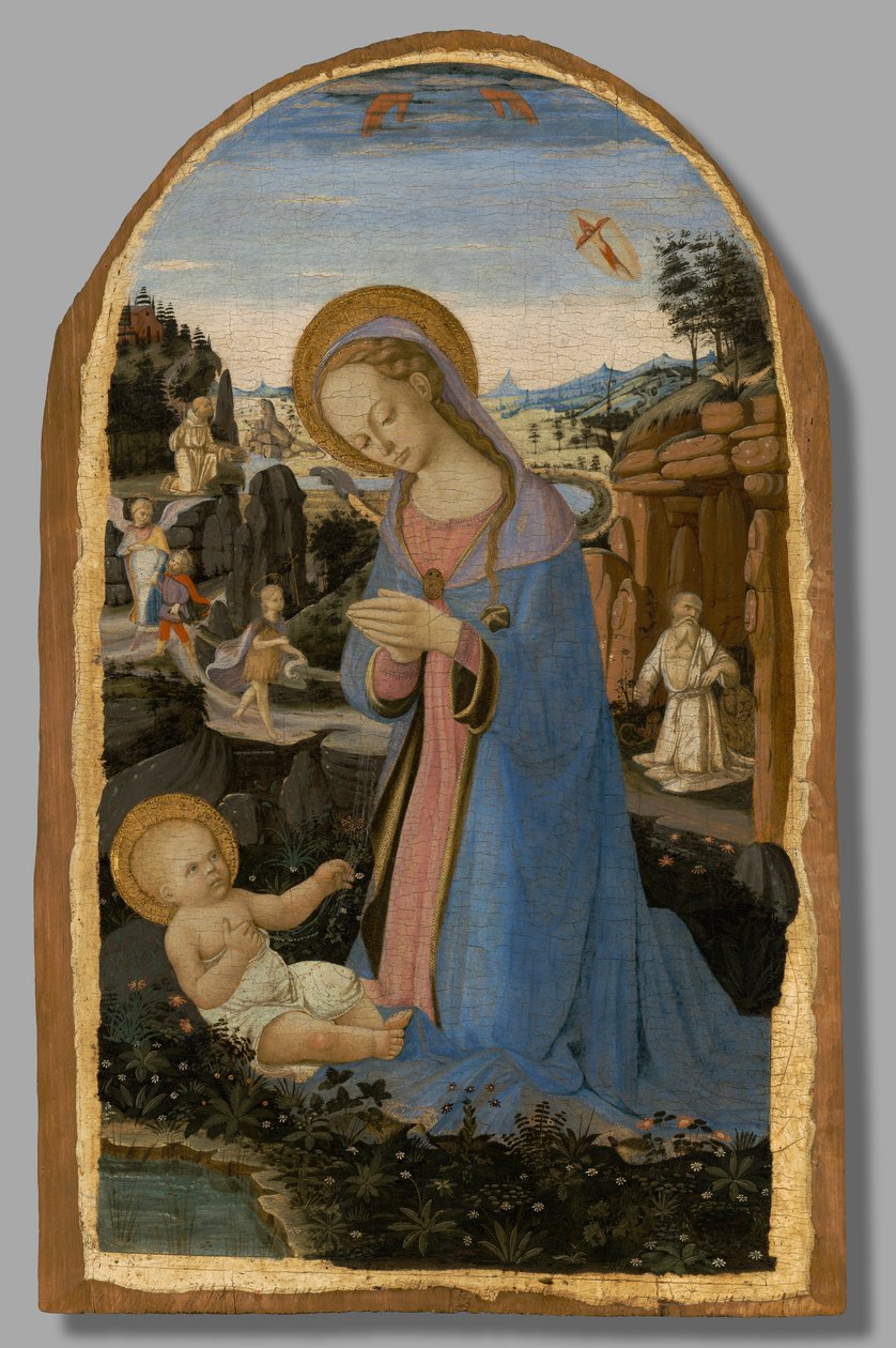 De aanbidding van het Christuskind met Sint Franciscus van Assisi die de stigmata ontvangt; Tobias en de engel; Sint Johannes de Doper in de wildernis; en de boetvaardige Sint Hiëronymus door Andrea del Verrocchio