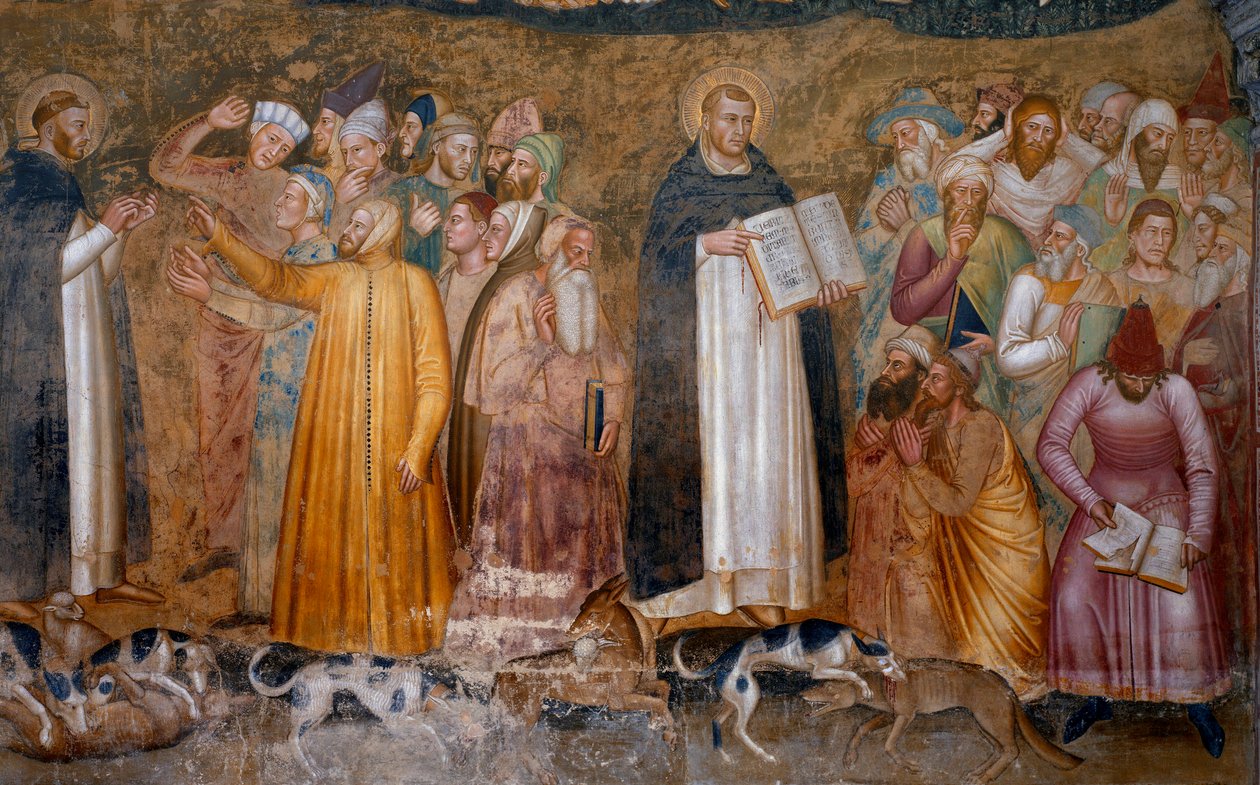 Triomf van de militante kerk: Thomas van Aquino voor de ketters en rechtsonder Fra Dolcino verscheurt de officiële leer van de kerk. Kapel van de Spanjaarden (detail van de fresco, 1365) door Andrea di Bonaiuto (fl.1343 77)