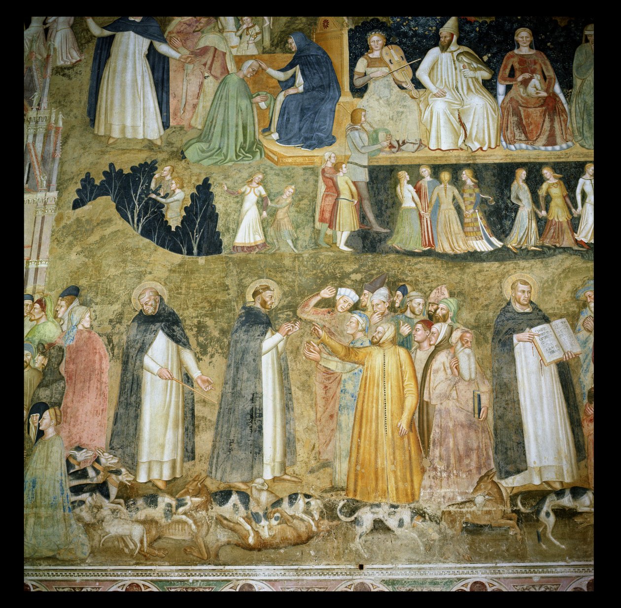 St. Dominic stuurt de honden van de Heer uit, met St. Peter Martyr en St. Thomas van Aquino, c.1369 door Andrea di Bonaiuto