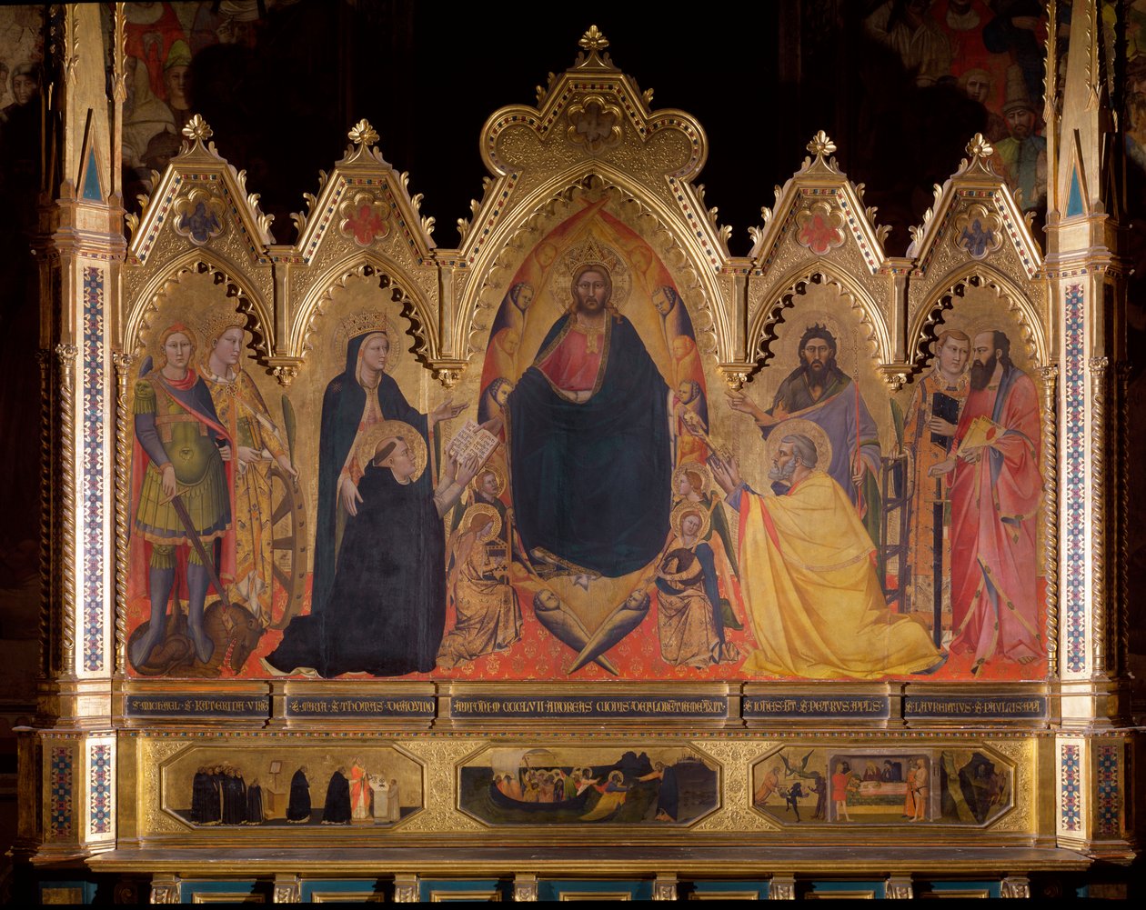 Maesta die Jezus op de troon voorstelt met St. Michael, Maria en St. Thomas van Aquino, St. Johannes de Doper, St. Petrus, St. Laurentius en St. Paulus door Andrea di Cione Orcagna