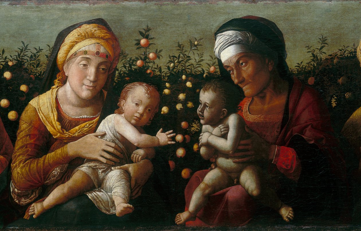 De Heilige Familie met Heiligen Elisabeth, Johannes en Zacharias (detail) door Andrea school of Mantegna