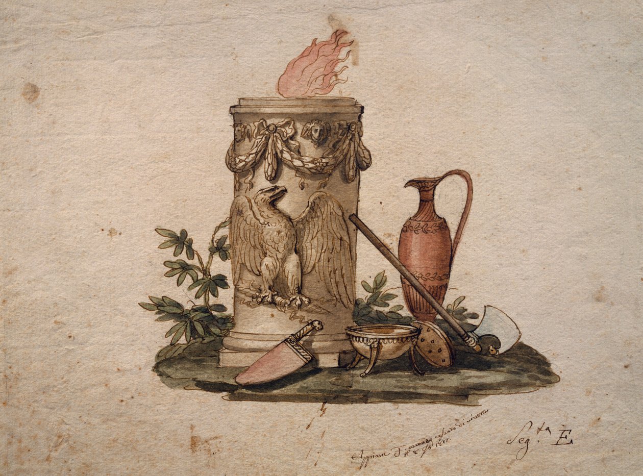 Kolomvormige vuurkorf, versierd met festoenen en adelaar, met snijwapens, beker en amphora, schilderij door Andrea Appiani, Italië door Andrea the Elder Appiani