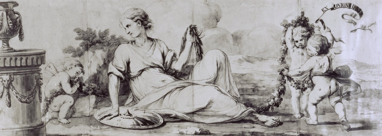 Vrouwelijke figuur met putti, allegorische compositie, ca. 1754, ontwerp door Andrea Appiani (1754-1817) voor ladekast-bureau door Giuseppe Maggiolini, Italië door Andrea the Elder Appiani