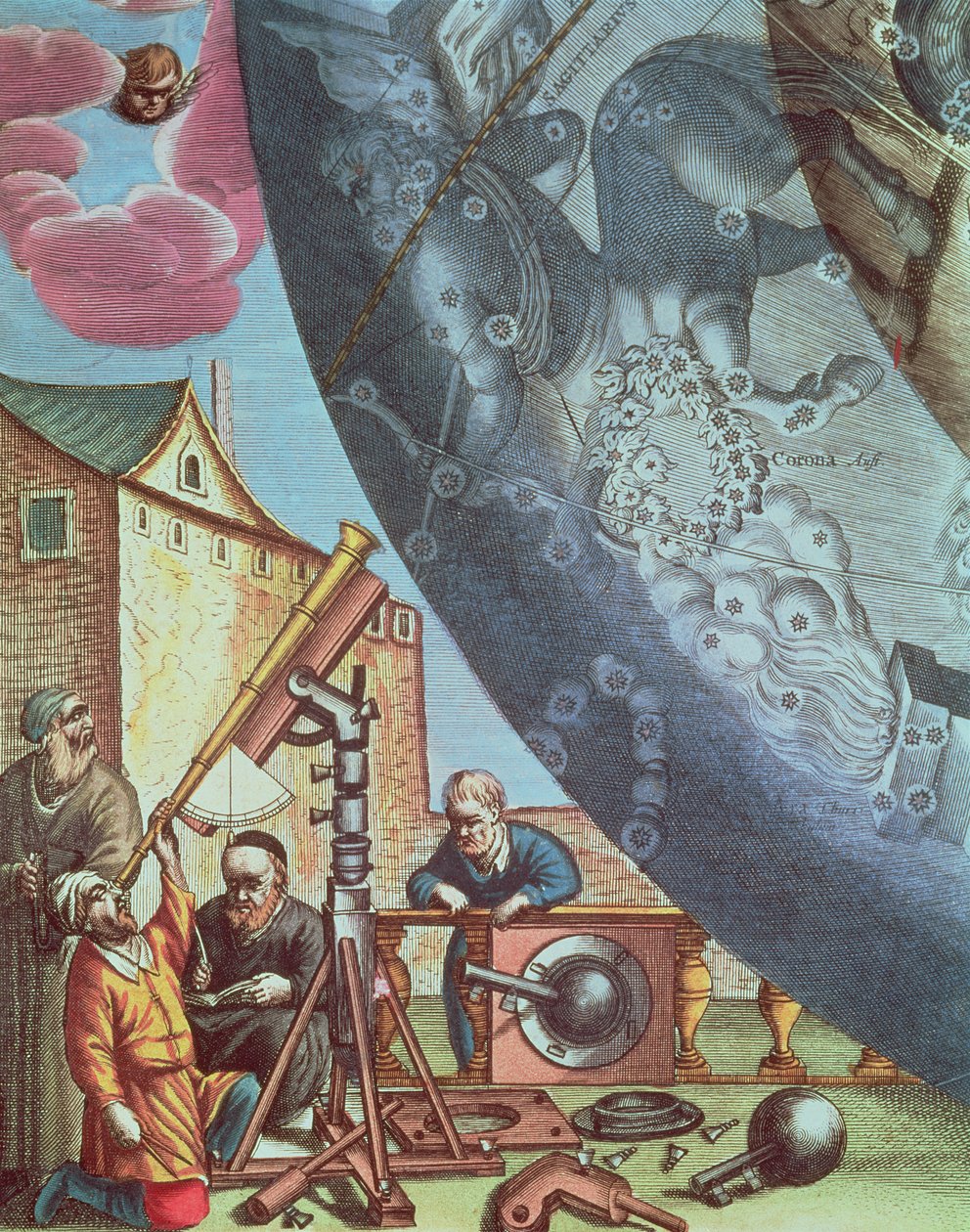 Astronomen kijken door een telescoop, detail door Andreas Cellarius