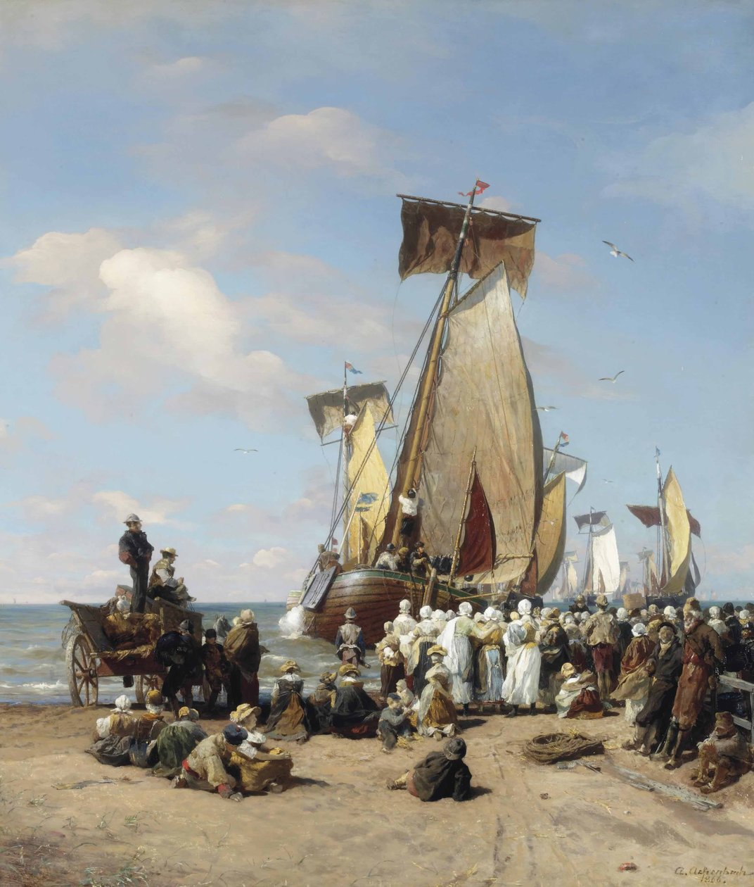 Duits: Ausfahrt der Heringsflotte Afscheid van de vloot door Andreas Achenbach