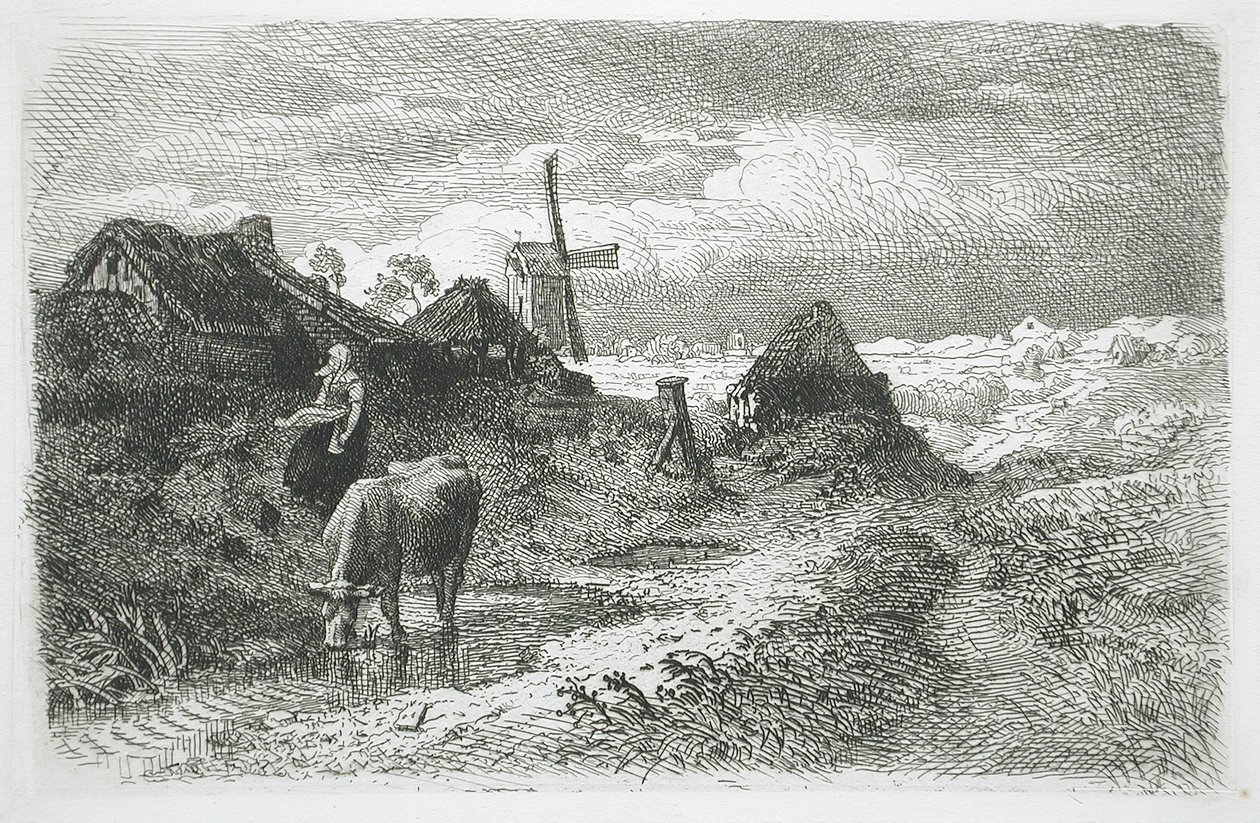 Landschap met huisjes en windmolen door Andreas Achenbach