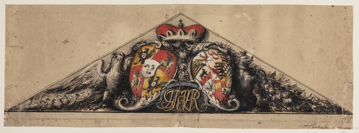 Heraldiek ontwerp ingesloten in een driehoekige fronton door Andreas Bodan II