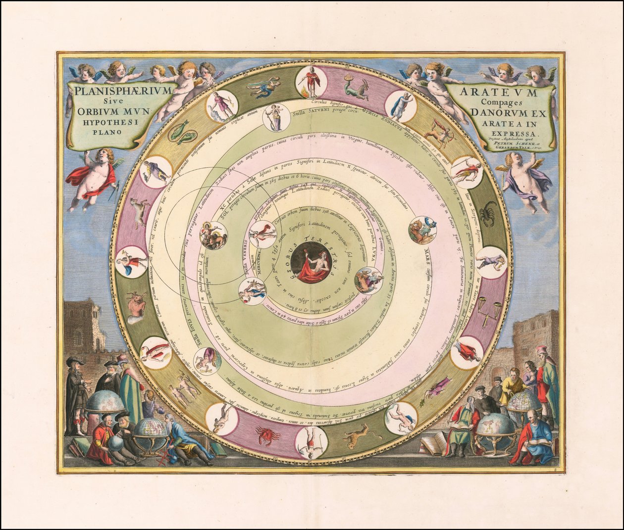 1660 hemelkaart ter illustratie van het model van het heelal van de Griekse astronoom Aratus door Andreas Cellarius