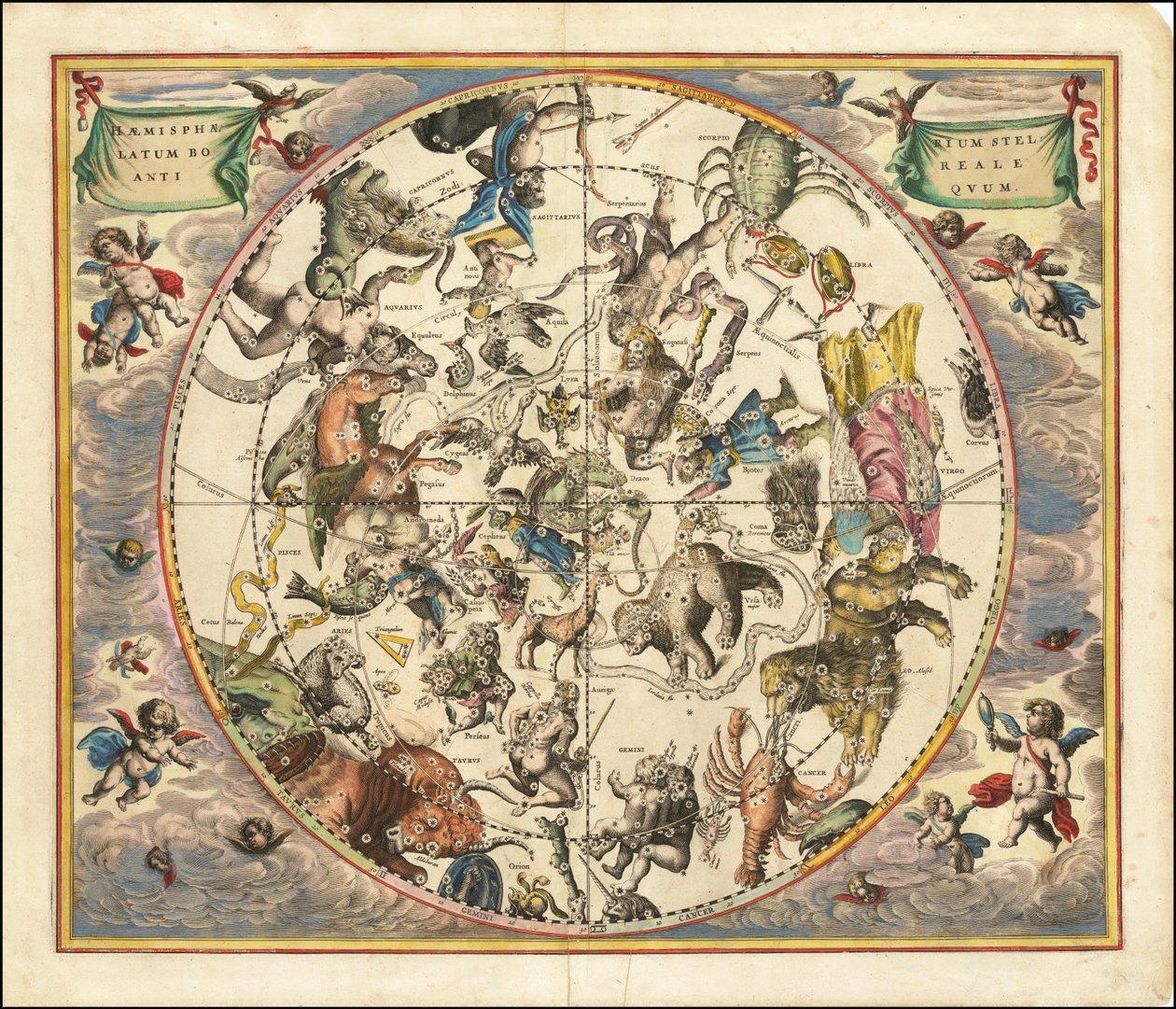 Hemelkaart uit 1660 met de sterrenbeelden van het noordelijk halfrond over het zuidelijk halfrond van de aarde. door Andreas Cellarius