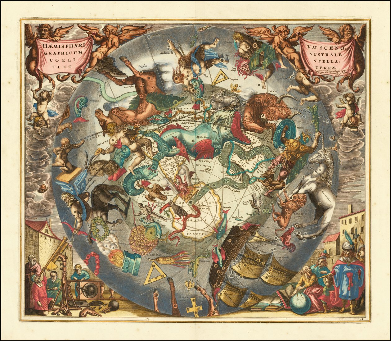 1660 kaart van de zuidelijke hemel, met de sterrenbeelden van het zuidelijk halfrond door Andreas Cellarius