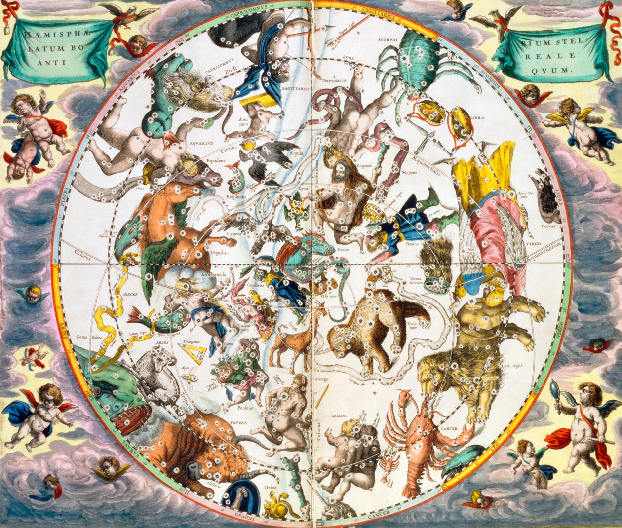 Hemels planisfeer met de tekens van de dierenriem, 1660-1661 door Andreas Cellarius