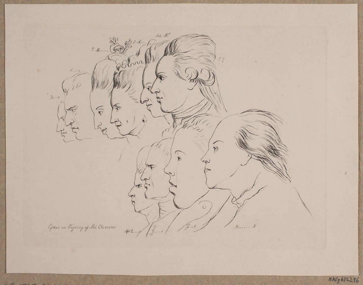 10 portretten: Enevold Brandt, Johann Friedrich Struensee, Caroline Mathilde, Julieane Marie, Arveprins Frederik, Christian VII, Marie Jeanne Clemens, J. F. Clemens, Jens Juel en Nicolai Abildgaard door Andreas Peter Madsen