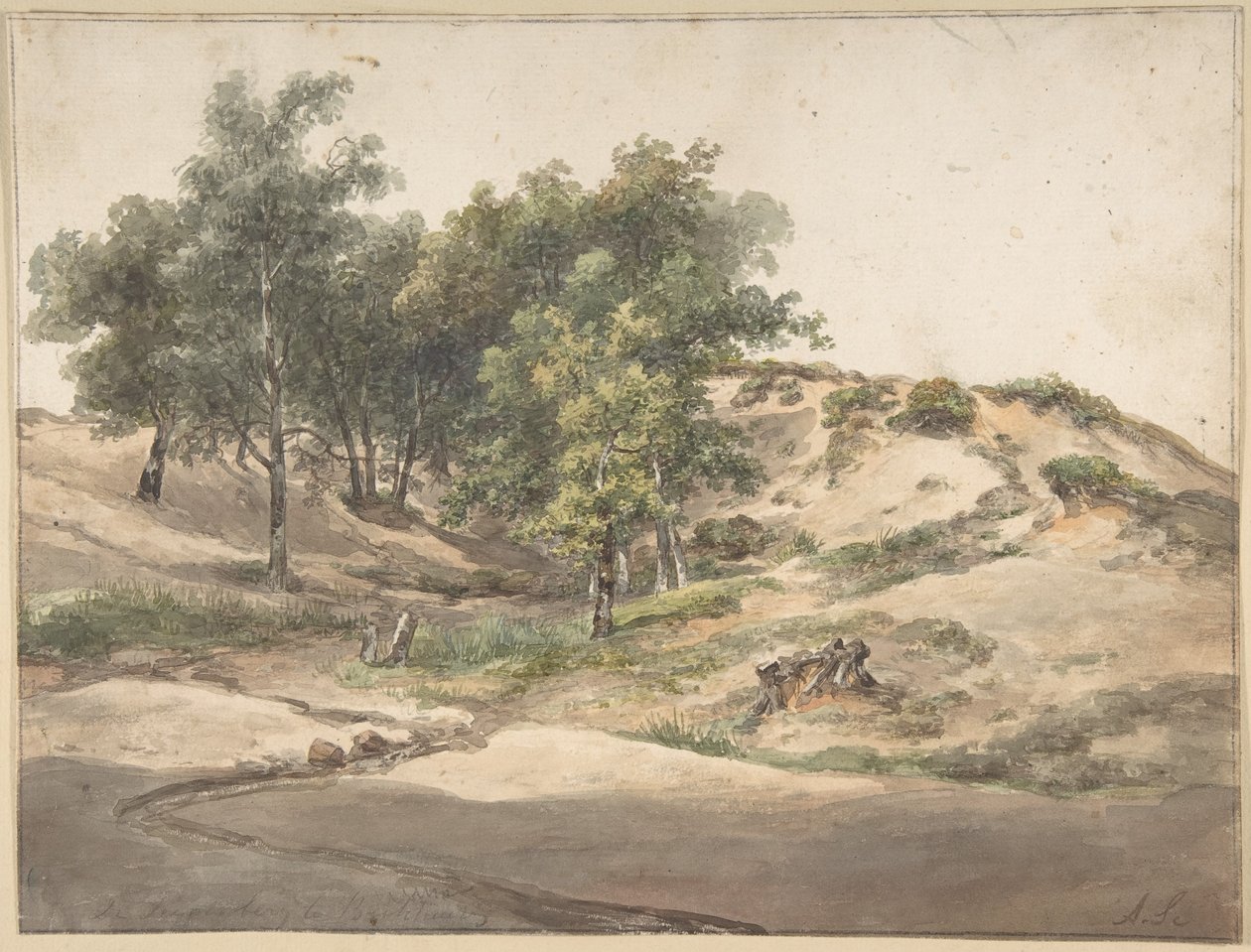 Een bosrijk landschap bij Beekhuizen door Andreas Schelfhout