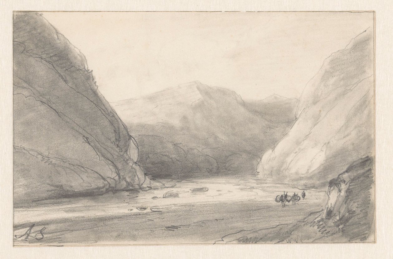 Berglandschap met rivier en een figuur met twee bepakte ezels door Andreas Schelfhout