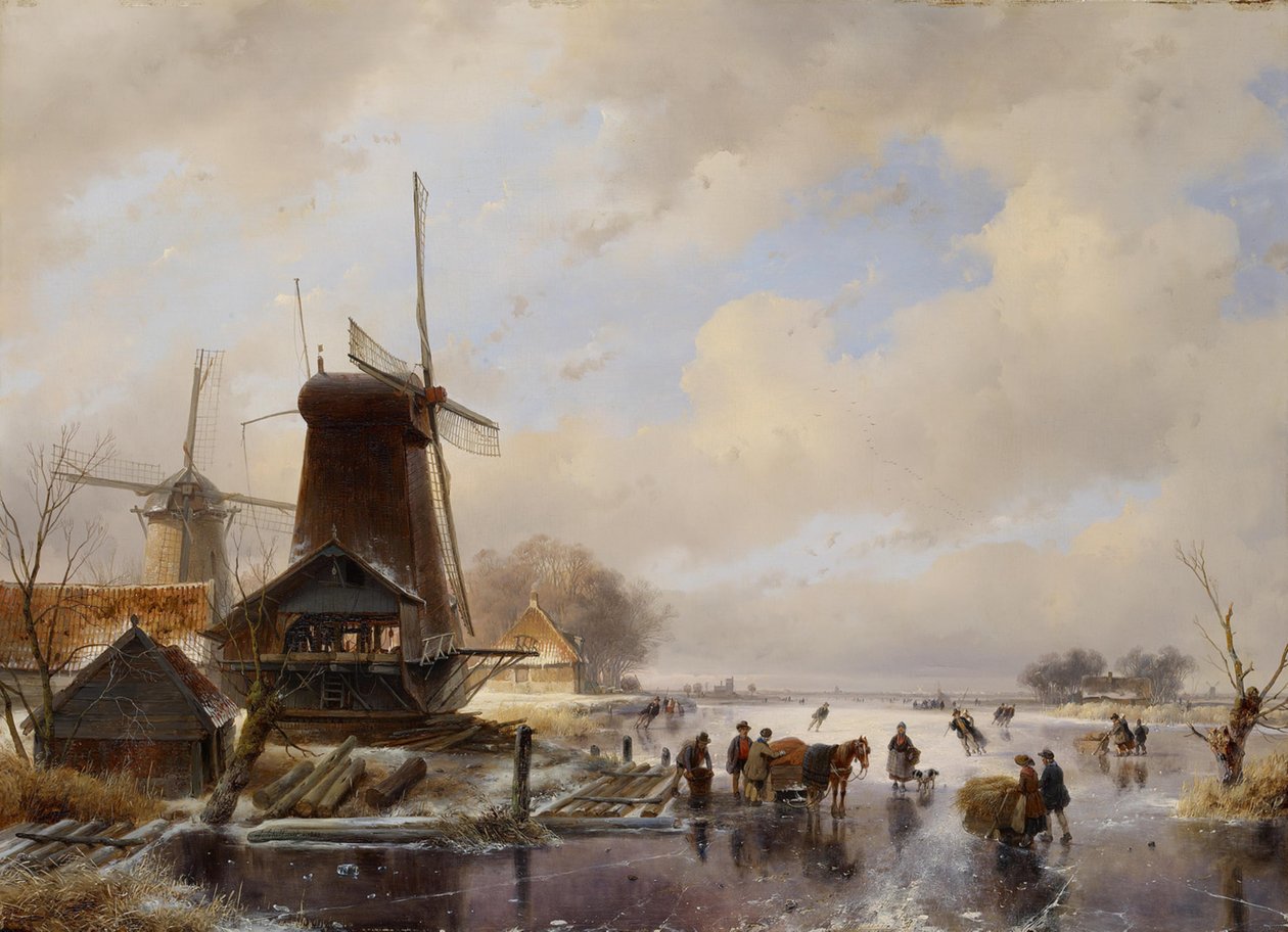 Een houtzaagmolen aan een bevroren vaart, op de voorgrond zijn mannen bezig een ingespannen slede te laden door Andreas Schelfhout