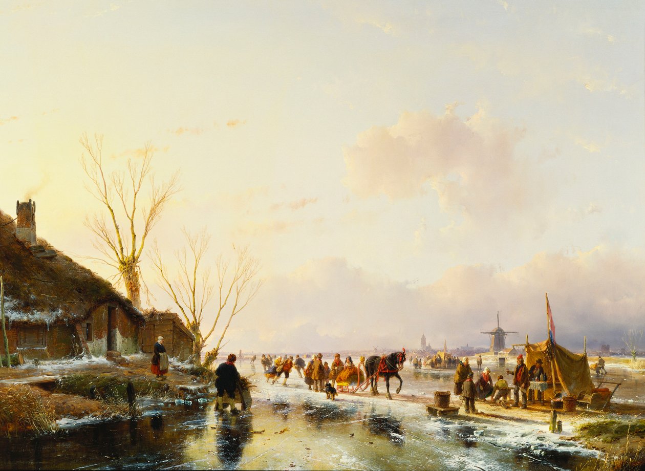 Schaatsers bij een kraam op een bevroren rivier, 1850 door Andreas Schelfhout