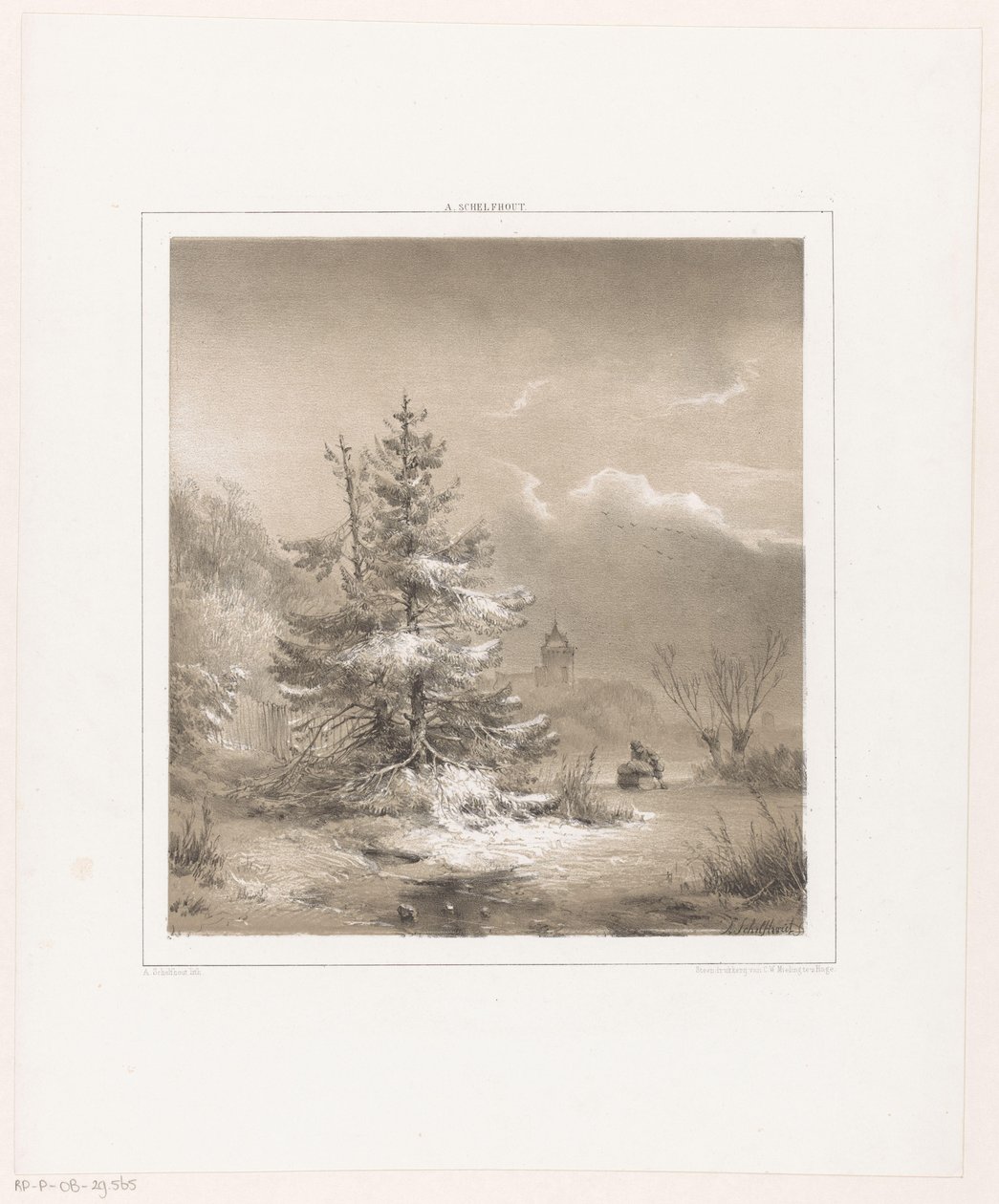 Winterlandschap met naaldbomen en man met slee door Andreas Schelfhout