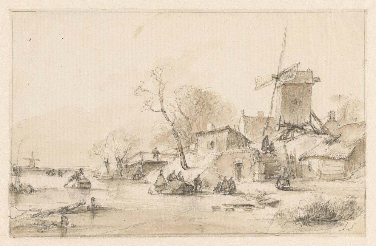 Winterlandschap met rechts een molen en enkele huisjes op een dijk door Andreas Schelfhout