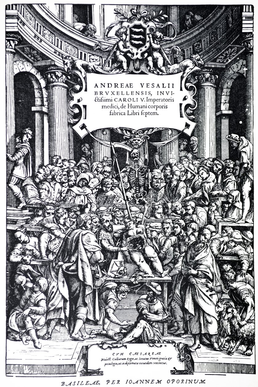 Titelpagina van de tweede editie van De Humani Corporis Fabrica, Plaat 3, 1555 door Andreas Vesalius