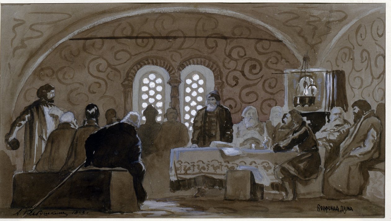 De douma in de tijd van de Bojaren (boiards, boiars) (De Bojaren Douma). Raadgevende raad van de prinsen van Kiev Rusland (Ruthenië) in de tijd van tsaar Michael I van Rusland (1596-1645). Werk van Andrei Petrovich Ryabushkin (Riaboutchkine) (1861-1904), a door Andrei Petrovich Ryabushkin
