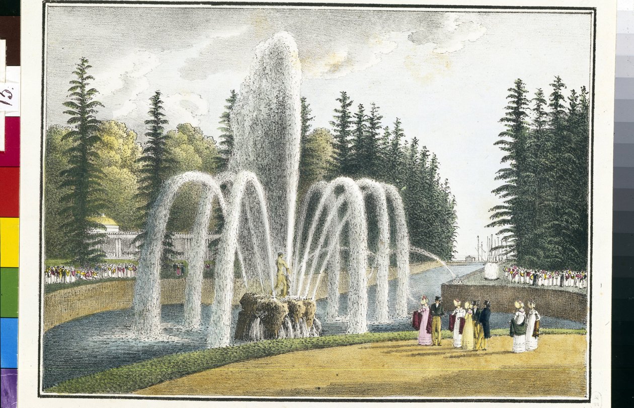 Uitzicht op de Samson-fontein in de bovenste tuinen van Peterhof door Andrei Yefimovich Martynov