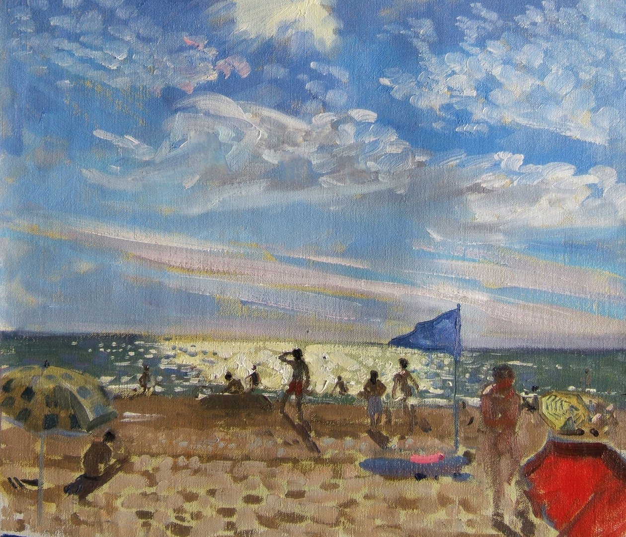Blauwe vlag en rode zonnescherm, Montalivet door Andrew Macara