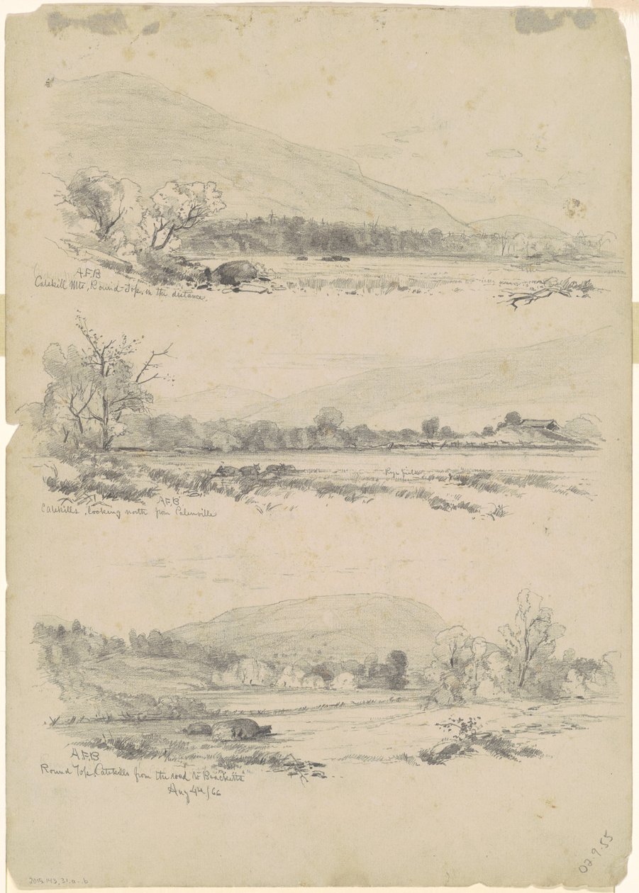 Catskill Mountains, Round-Top in de verte; Catskills kijkend naar het noorden vanaf Palenville; en Round Top, Catskills, vanaf de weg naar Bracketts [verso] door Andrew Fisher Bunner