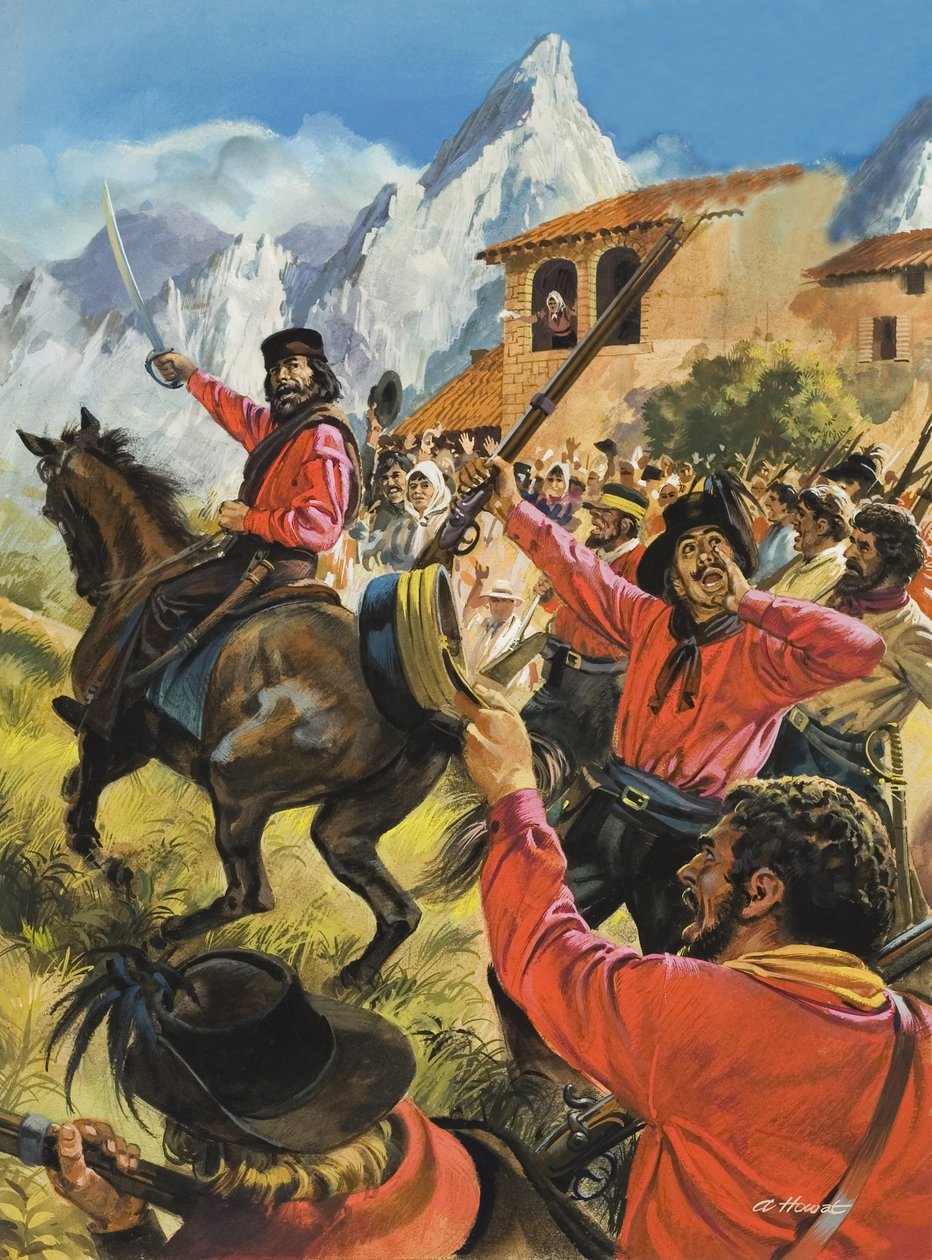 Guiseppe Garibaldi (1807-82) en zijn leger in de strijd met de Neopolitaanse koninklijke troepen (gouache op papier) door Andrew Howat