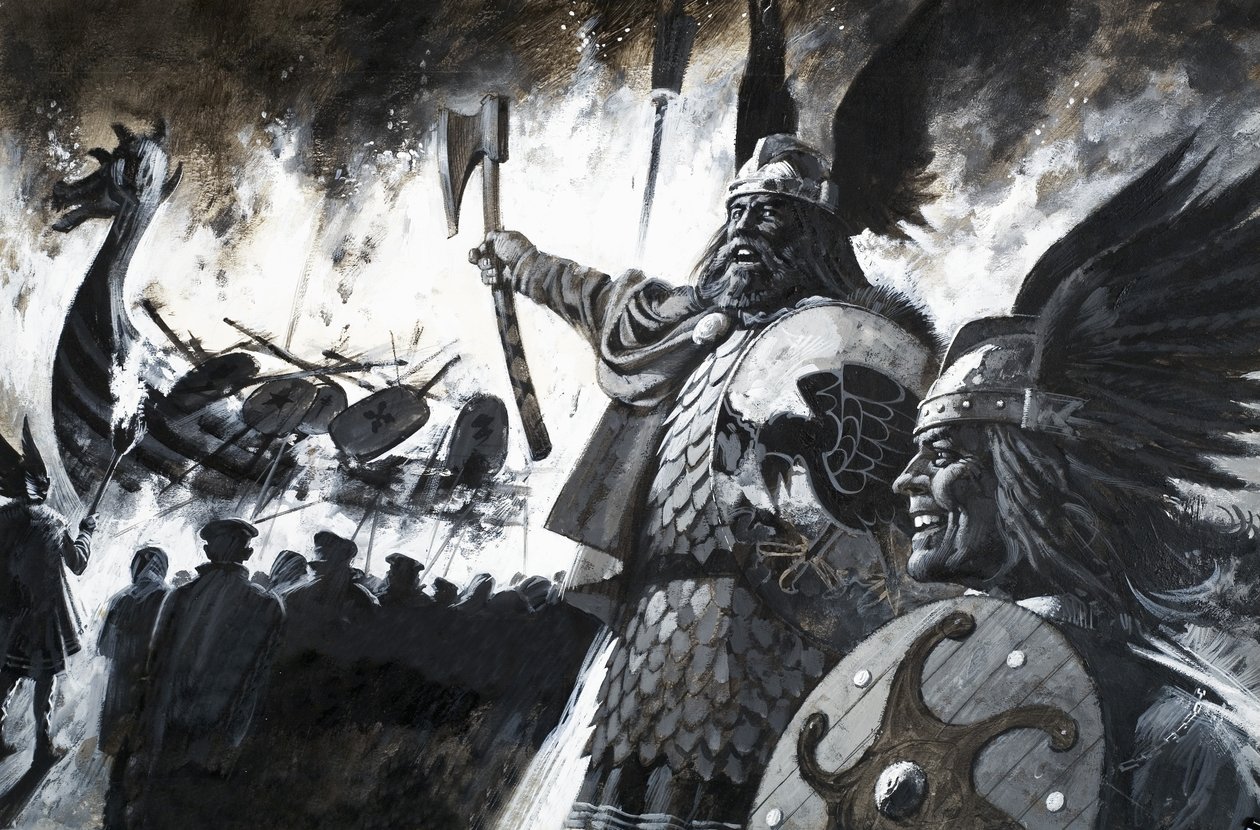 Ongeïdentificeerd Vikingtafereel met brandend langschip door Andrew Howat