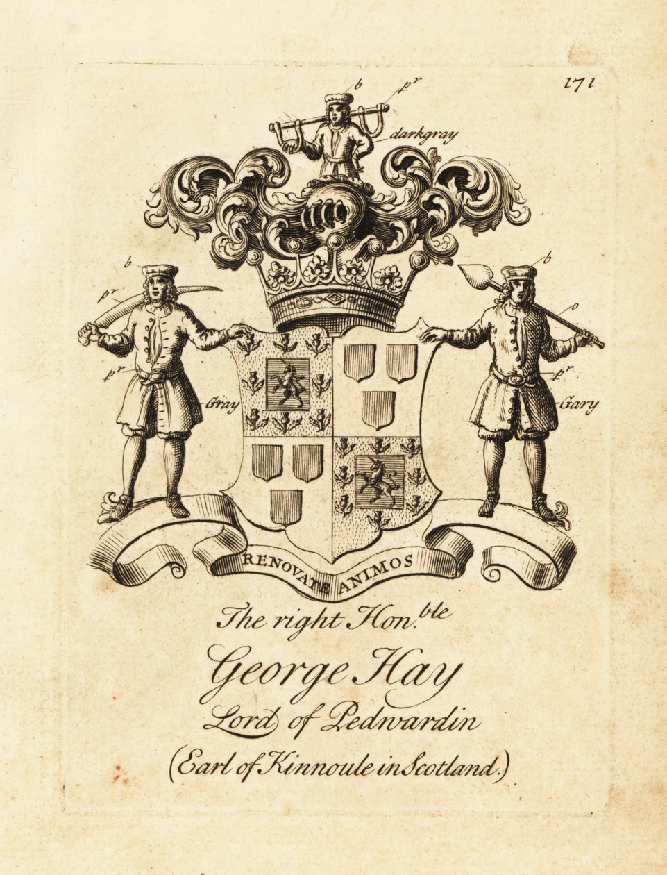 Wapen van de Zeer Eerwaarde George Hay, Heer van Penwardian, 8e Graaf van Kinnoule in Schotland door Andrew Johnston