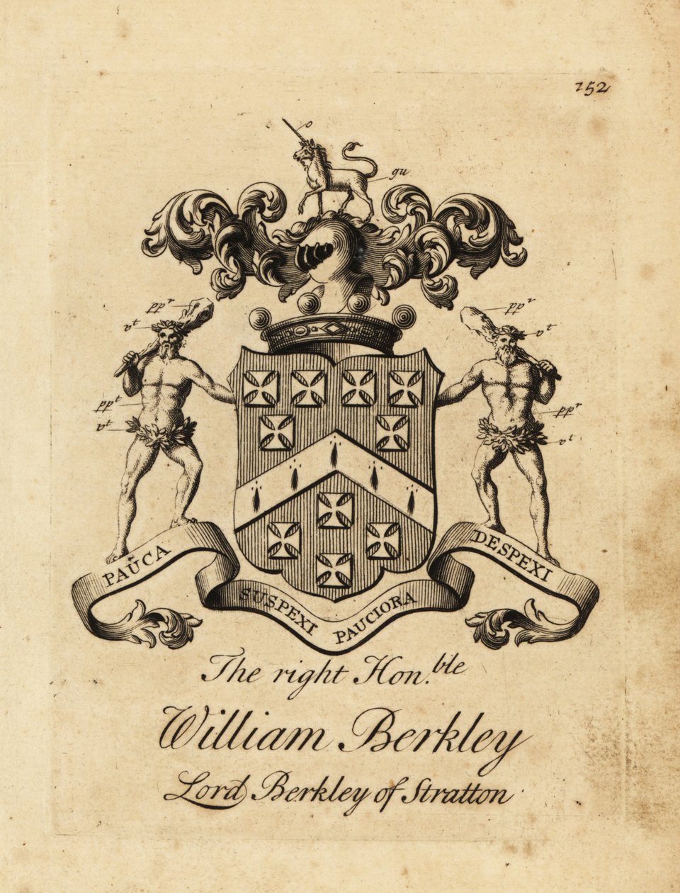 Wapen van de Zeer Eerwaarde William Berkley, Lord Berkley van Stratton, 4e Baron Berkeley van Stratton, overleden 1741 door Andrew Johnston