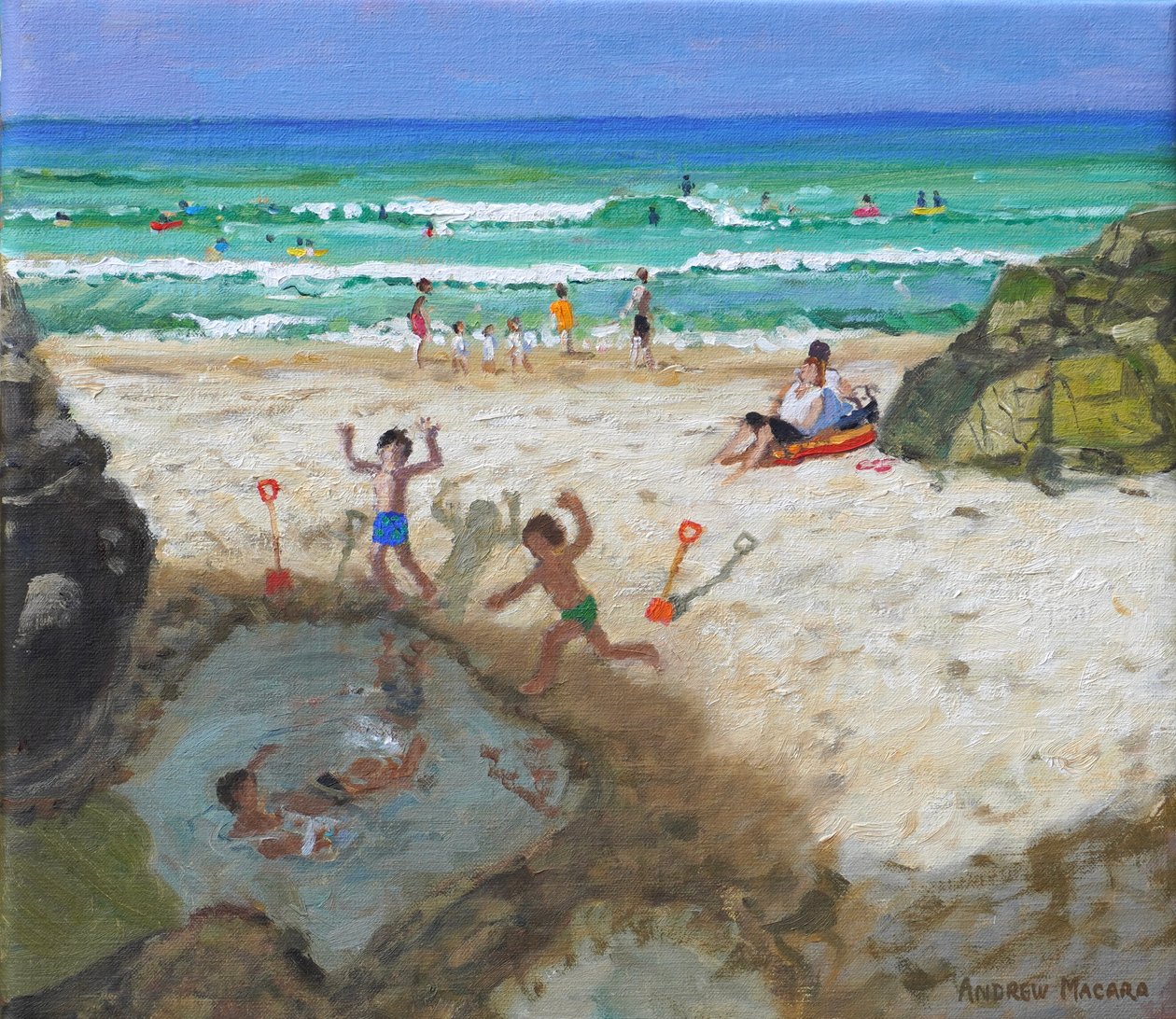 Plezier in het zeebad, St Ives, 2024 (olieverf op doek) door Andrew Macara
