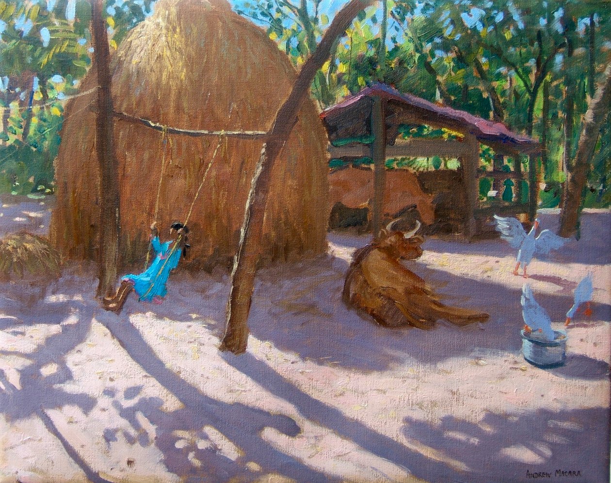 Hooiberg en meisje op een schommel, Kerala (olieverf op doek) door Andrew Macara