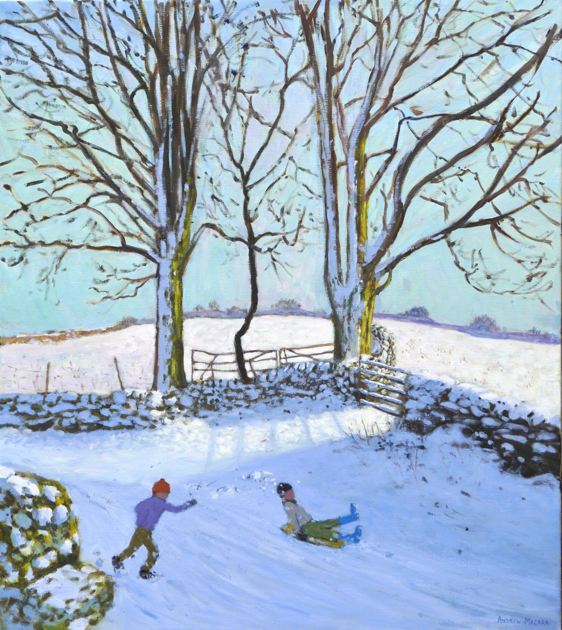 Grote bomen en sleeën, Derbyshire, 2023 (olieverf op doek) door Andrew Macara