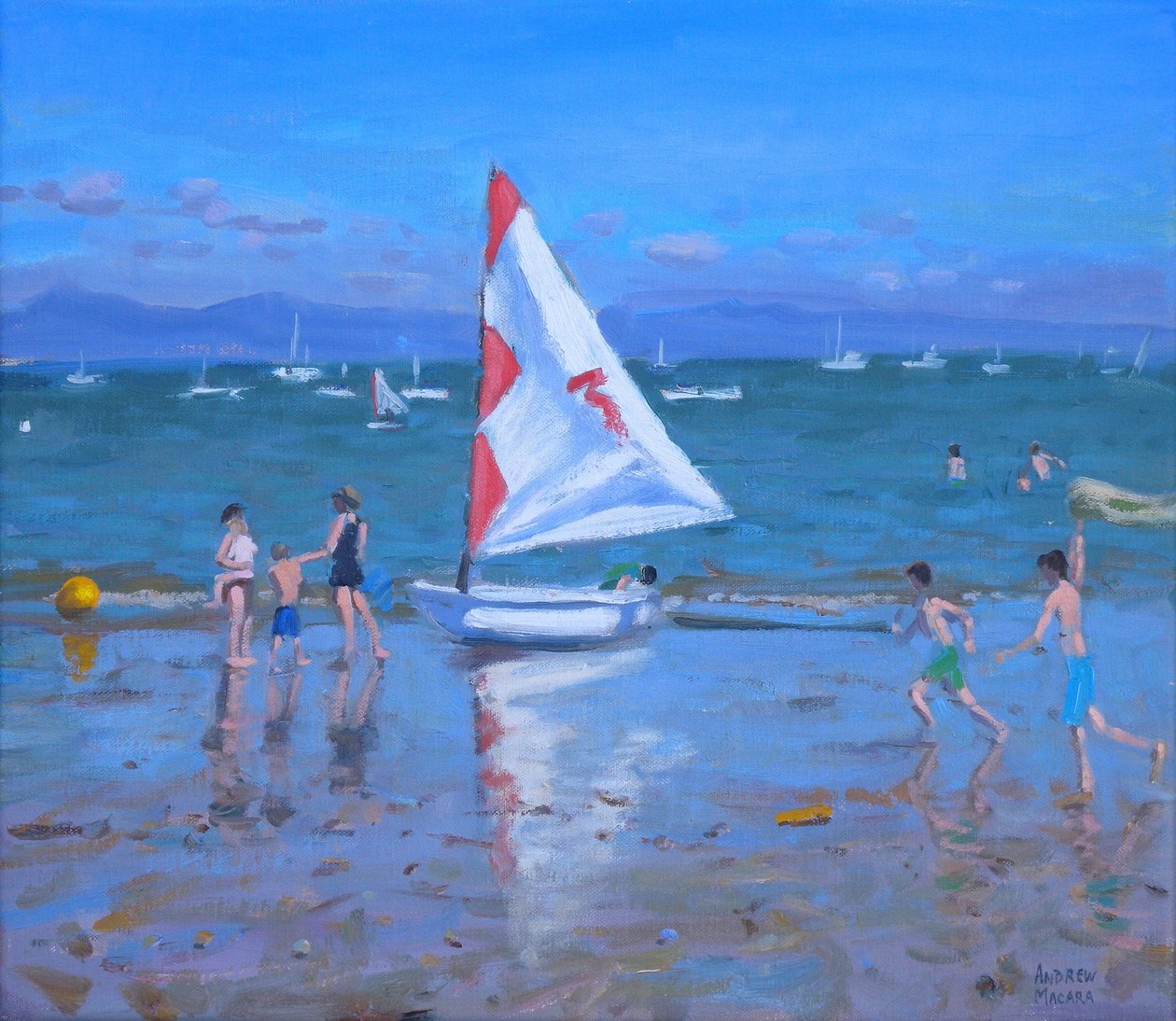 Rood-witte zeilboot, Abersoch (olieverf op doek) door Andrew Macara