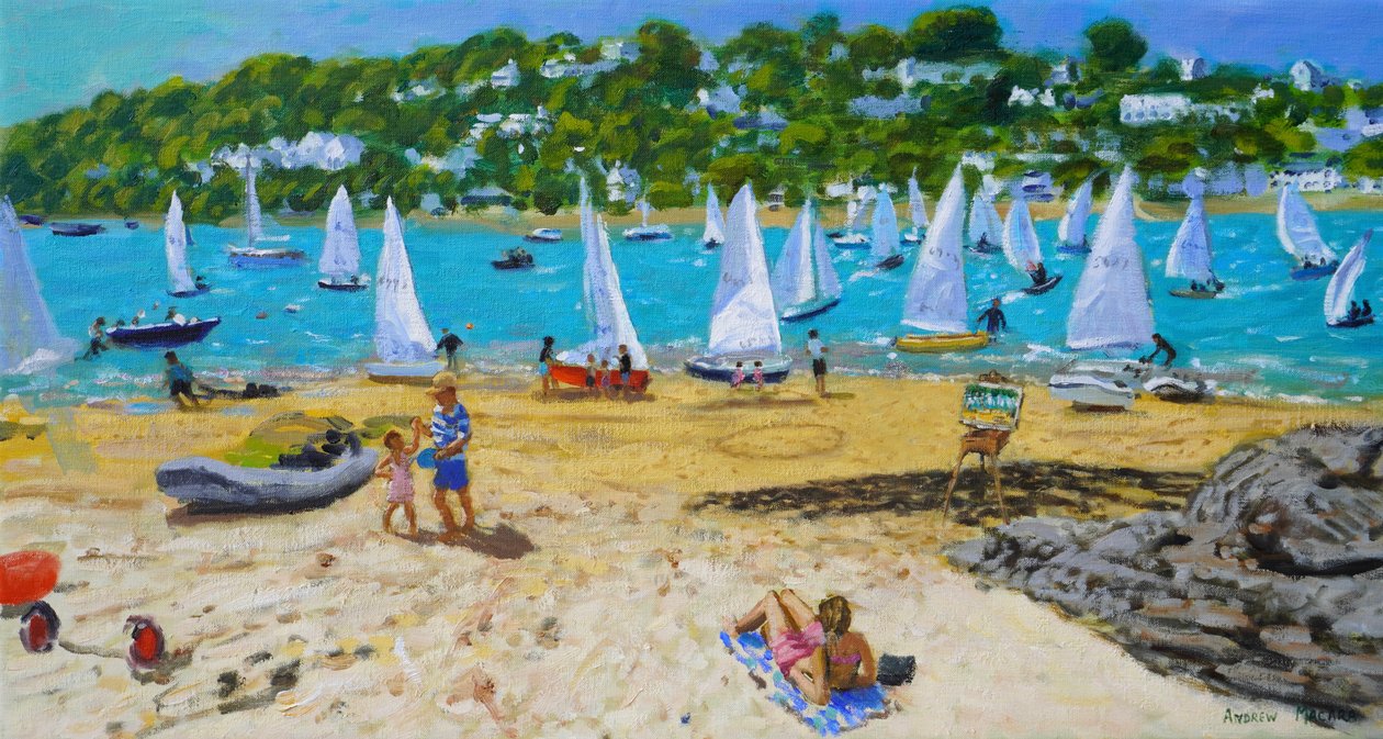 Salcombe Regatta en kunstenaarsezel, 2023 (olieverf op doek) door Andrew Macara