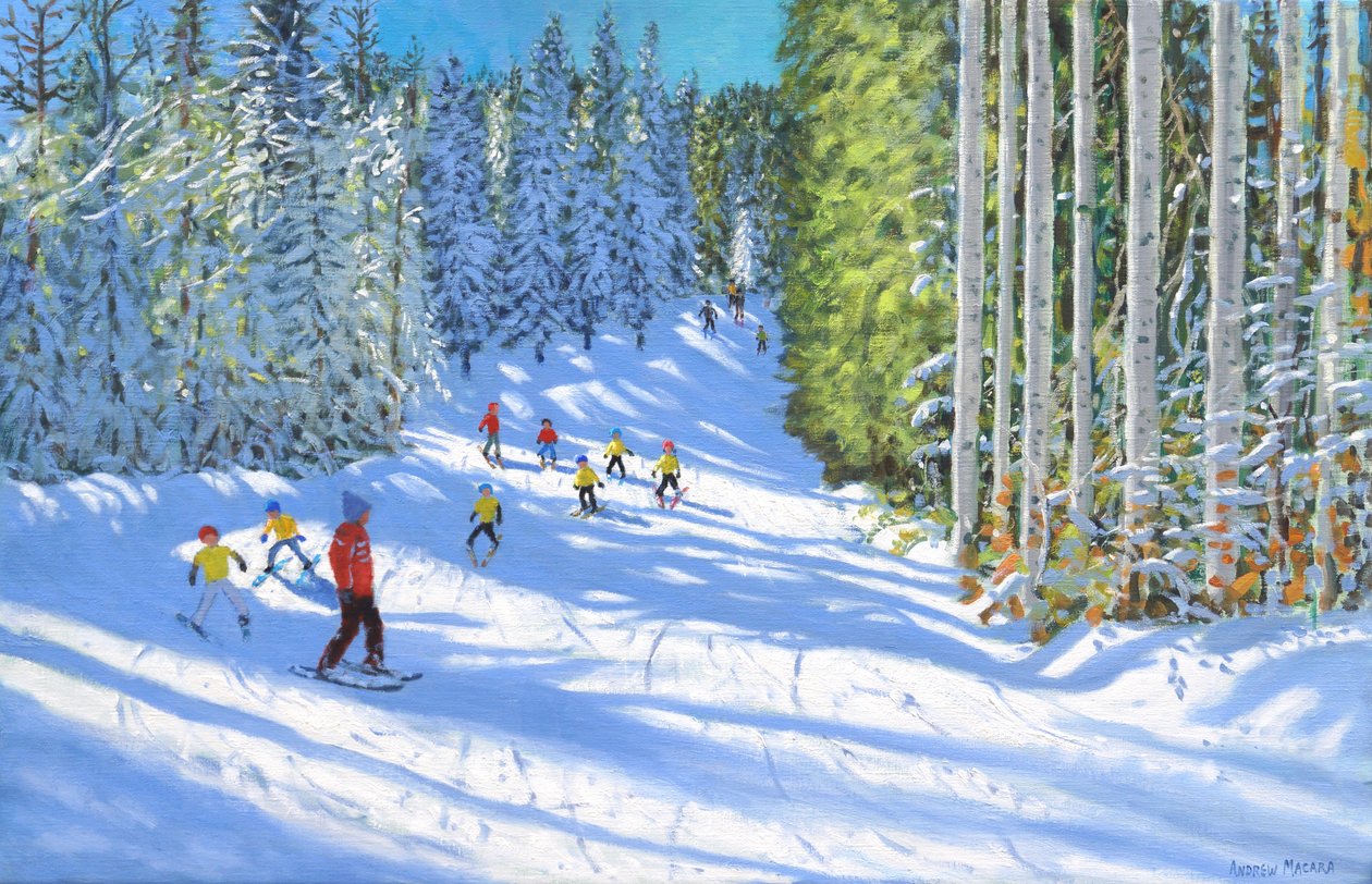 Skiën in Samoens, Frankrijk, 2019 (olieverf op doek) door Andrew Macara