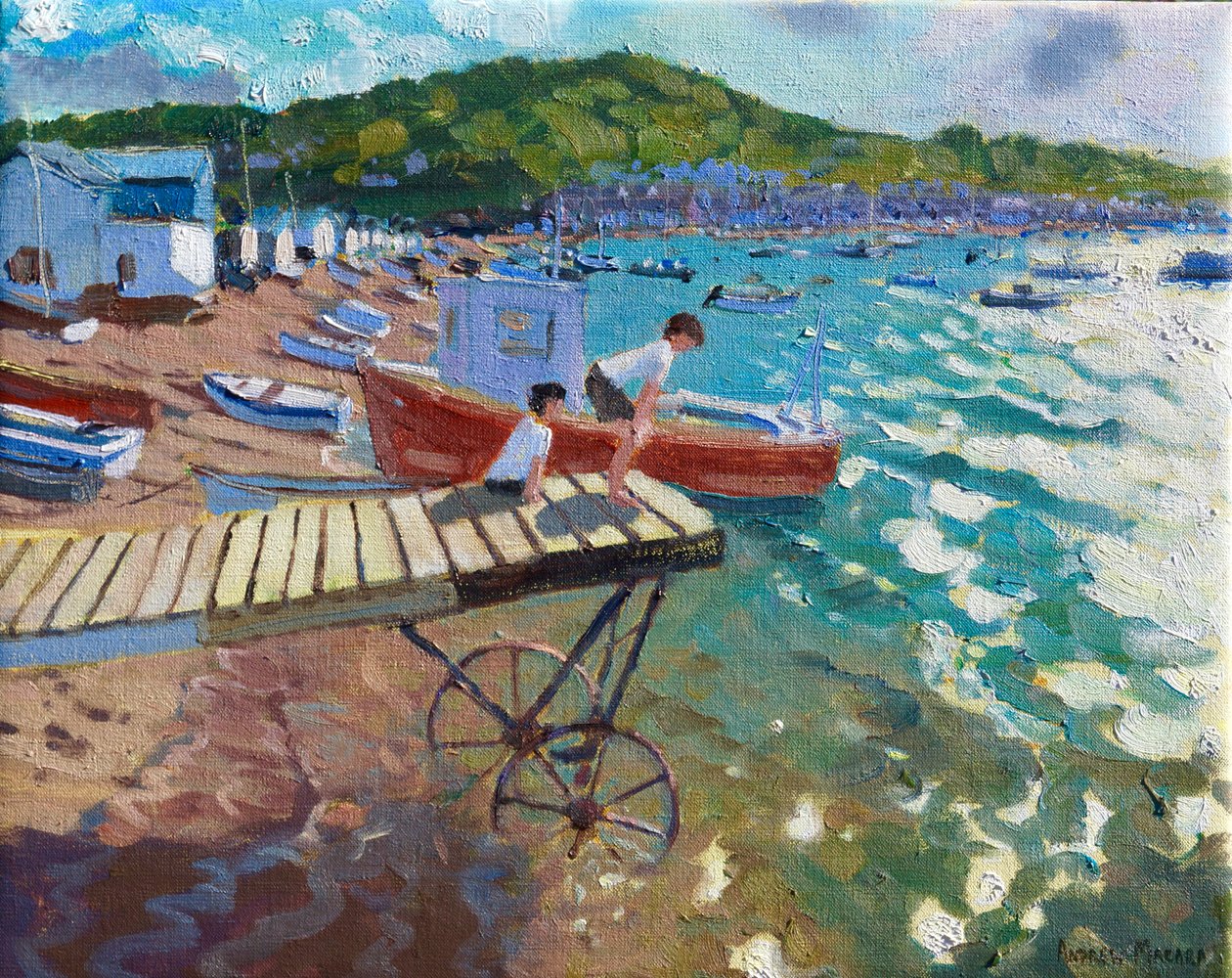 Twee jongens op het aanlegsteiger, Teignmouth door Andrew Macara