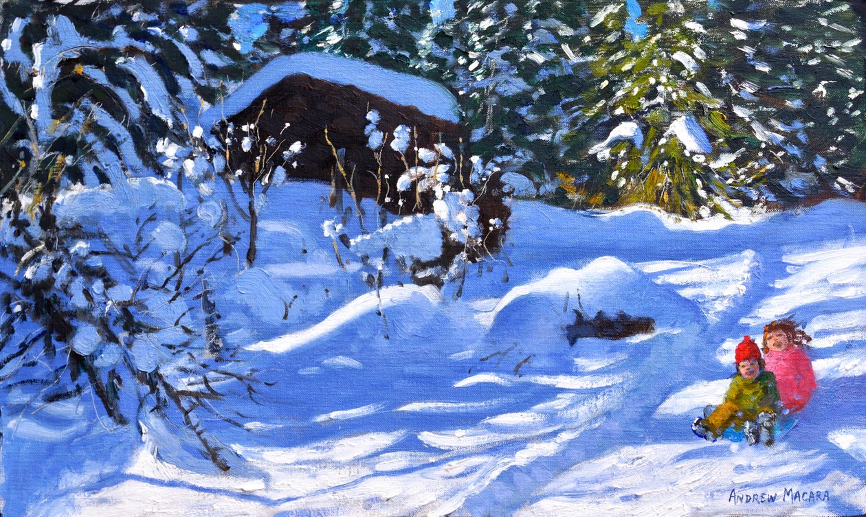 Twee op een slee, De Boomgaard, Morzine door Andrew Macara