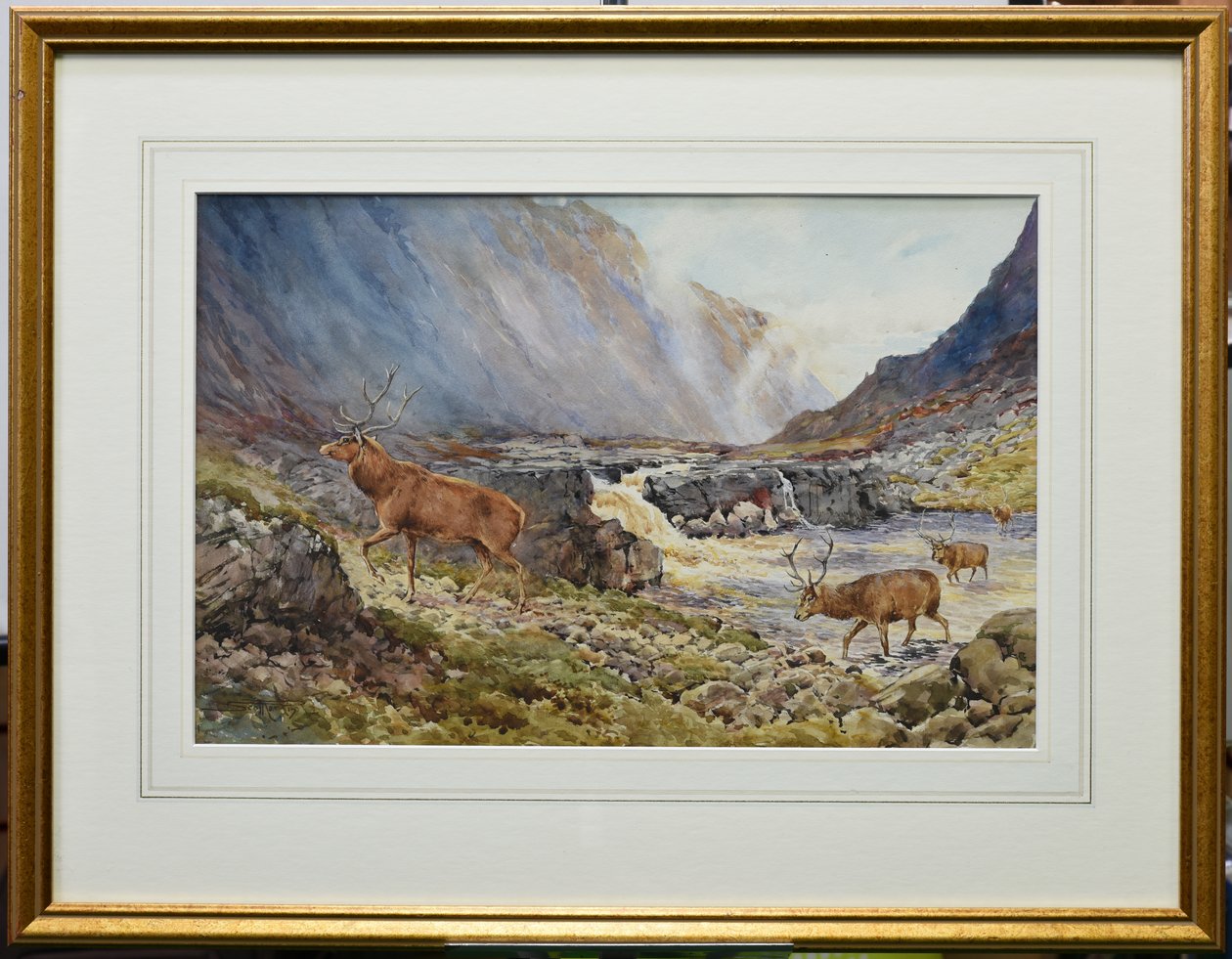 Herten die de rivier Coe oversteken door Andrew Scott Rankin