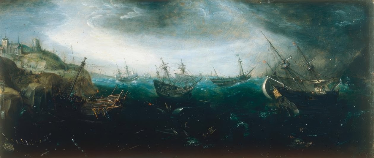 Schepen in stormachtige zee door Andries van Eertvelt