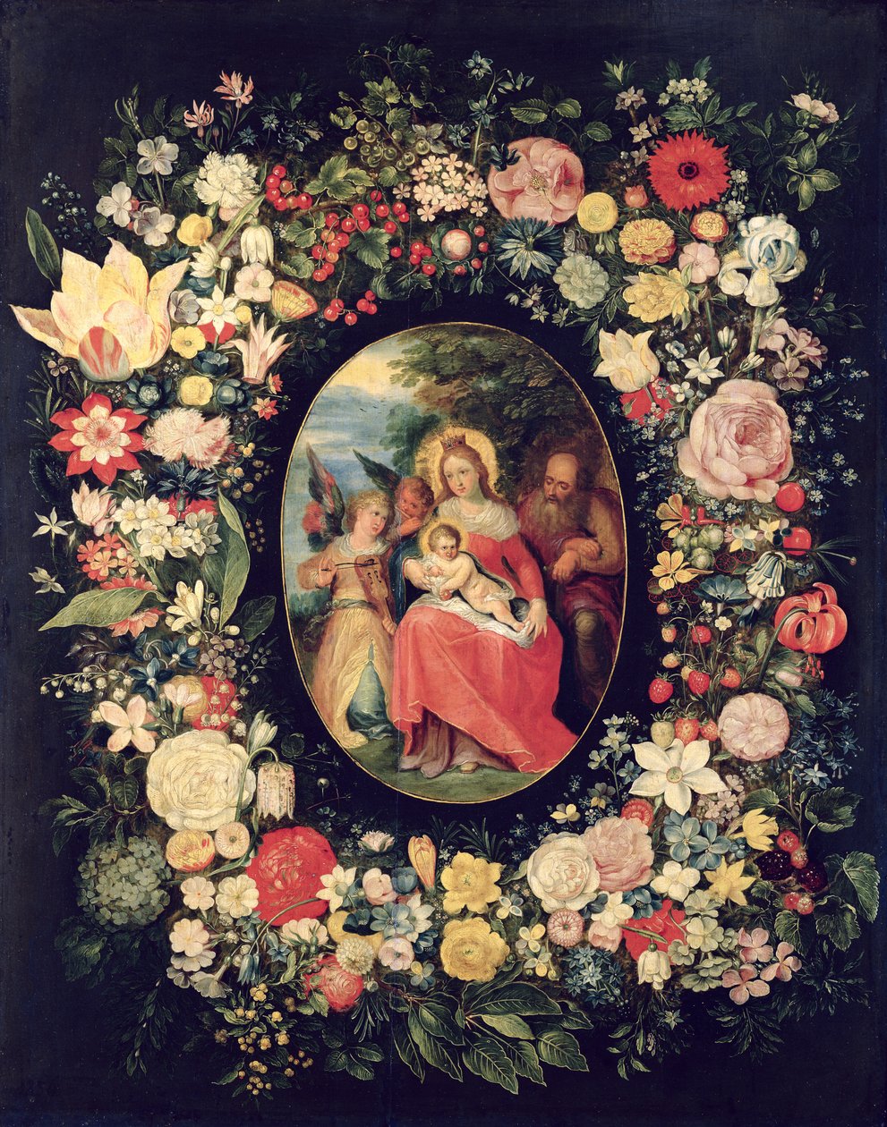 De Heilige Familie Omringd door een Bloemenguirlande door Andries Daniels or Danielsz