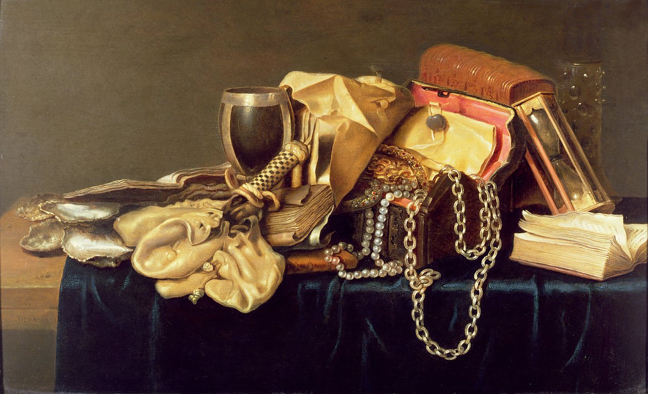 Stilleven van een Sieradendoos, Boeken en Oesters door Andries Vermeulen