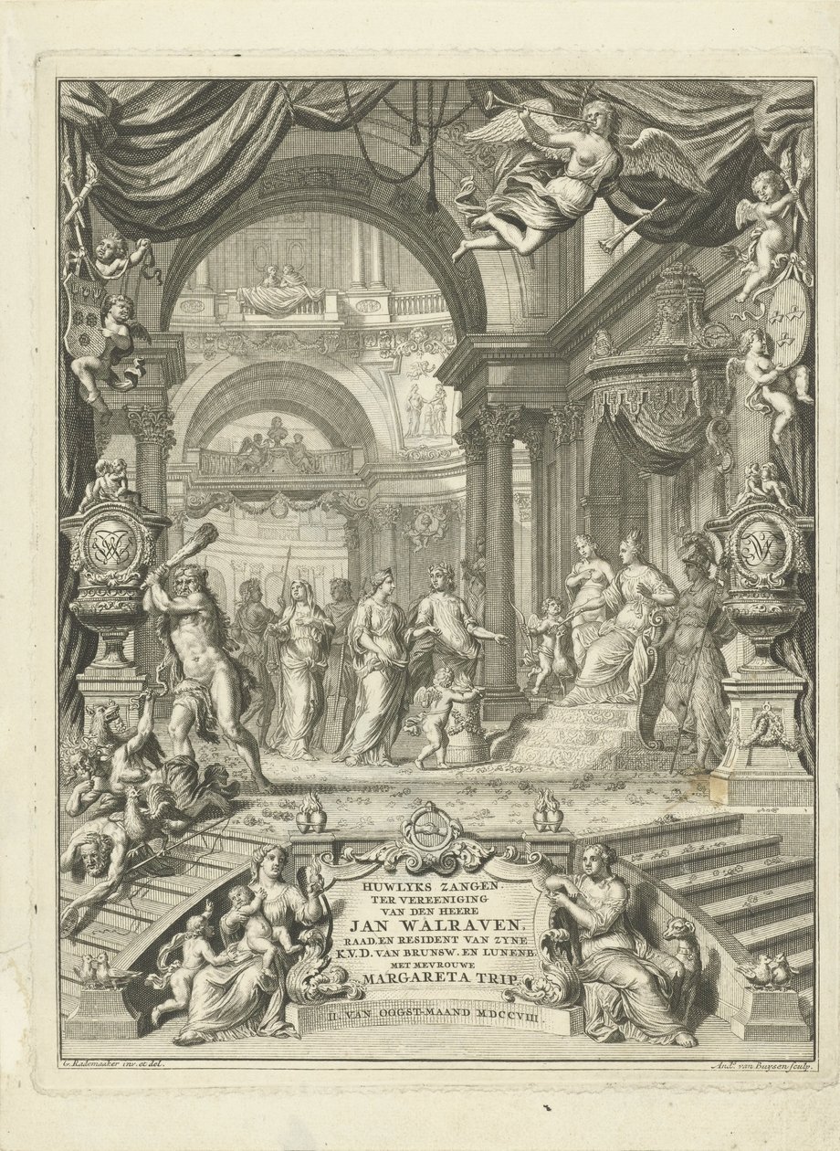 Titelpagina voor: Huwlykszangen ter vereeniging van den heere Jan Walraven, raadt (...) van zyne keurvorstelyke doorluchtigheit van Brunswyk en Lunenburg. Met mevrouwe Margareta Trip. Amsterdam, 108 door Andries van Buysen (Sr.)