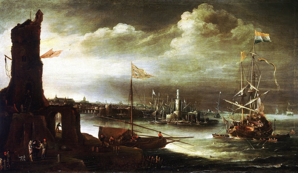 Een Nederlands schip voor anker voor de haven van Genua door Andries van Eertvelt