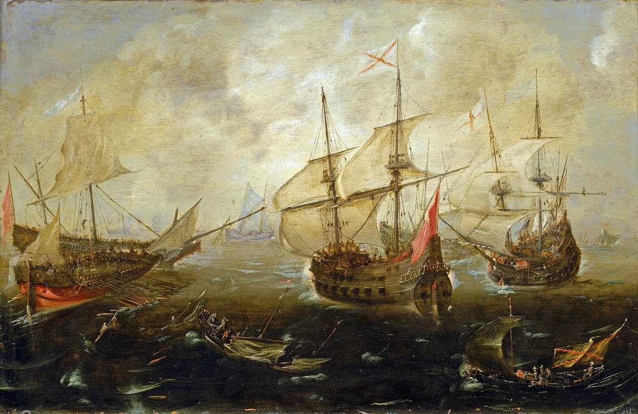 Manoeuvre tussen Britse (rechts) en Spaanse schepen, de boten naderen elkaar, zagen er zwaar beladen uit, waarschijnlijk met soldaten door Andries van Eertvelt