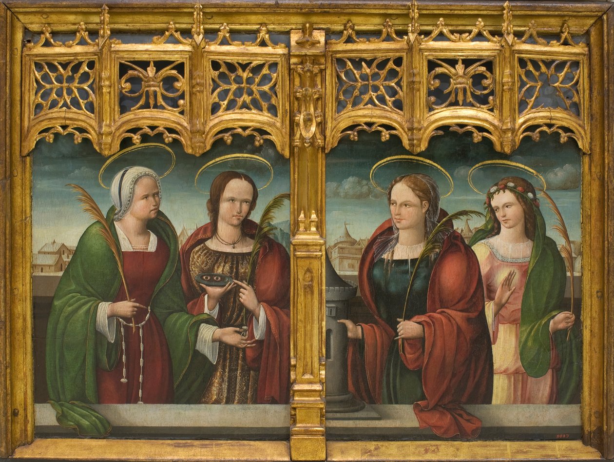 Heiligen Apollonia, Lucia en Barbara en een andere Heilige Martelaar door Andrés de Melgar