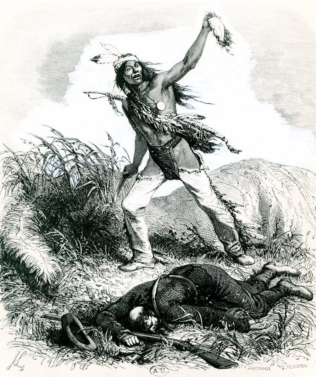 Indiaan die de Dode Vijand Scalpeert, 1867 door Ange Louis 1815 72 after Janet