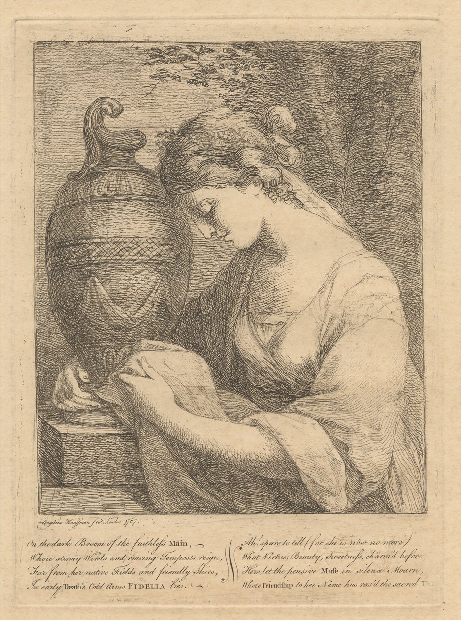 Een vrouw die huilt naast een urn door Angelica Kauffmann